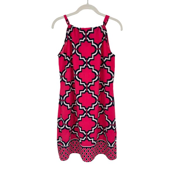 Crown & Ivy High Neck Halter Shift Mini Dress Geo Pink Navy - Size Small EUC - Picture 1 of 11